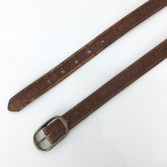 Thin Floral Tooled Leather Belt Brown by Colorado Leather Goods Feminine Western - Picture 3 of 10